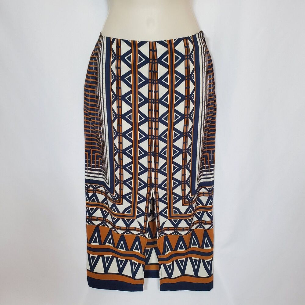 Topshop Women’s Pencil Skirt Size 0 Blue Brown Aztec Print Front Split Midi - Picture 3 of 11